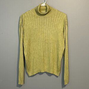 EUC Vintage 100% Silk Cable Knit Turtleneck Sweater Chartreuse Green S-M fit